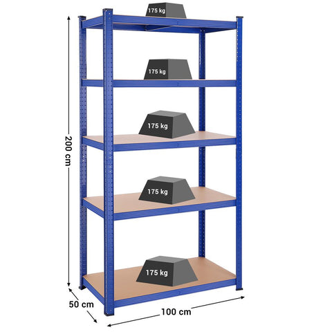 Rootz Storage Rack - Set Of 2 Storage Racks - Standing Shelves - 5 Shelves Storage Racks - Storage Shelves - With 5 Shelves - Blue - 50 x 100 x 200 cm