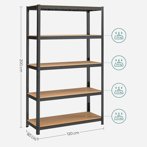Rootz Storage Rack - Cellar Shelves - Set Of 2 Cellar Shelves - Standing Shelves - 5 Shelves Storage Racks - Storage Cellar Shelves - Black - 60 x 120 x 200 cm