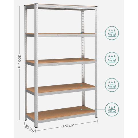 Rootz Storage Rack - Storage Shelves - Heavy-duty Shelving - 5 Levels Storage Rack - Adjustable Shelves - Metal Storage Shelves - Steel/MDF - Silver - 200 x 120 x 60 cm
