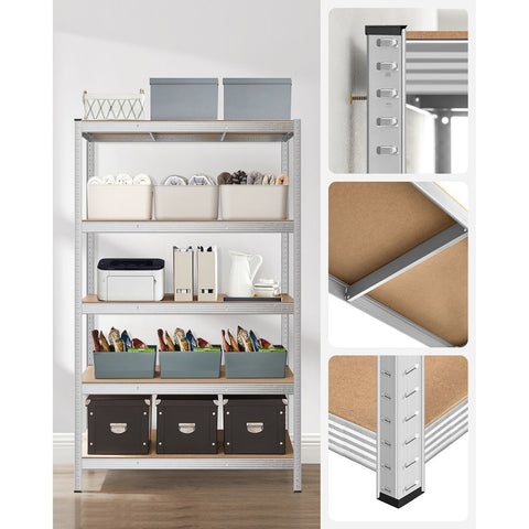 Rootz Storage Rack - Storage Shelves - Heavy-duty Shelving - 5 Levels Storage Rack - Adjustable Shelves - Metal Storage Shelves - Steel/MDF - Silver - 200 x 120 x 60 cm