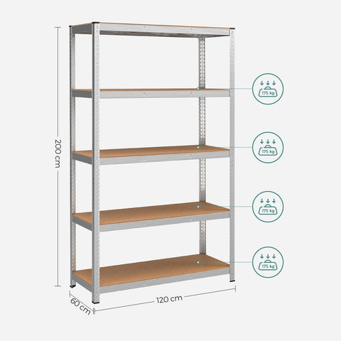 Rootz Storage Rack - Cellar Shelves - Set Of 2 Cellar Shelves - Standing Shelves - 5 Shelves Storage Racks - Storage Cellar Shelves - With 5 Shelves - Silver - 60 x 120 x 200 cm