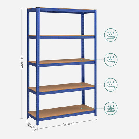 Rootz Storage Rack - Cellar Shelves - Set Of 2 Cellar Shelves - Standing Shelves - 5 Shelves Storage Racks - Storage Shelves - With 5 Shelves - Blue - 60 x 120 x 200 cm