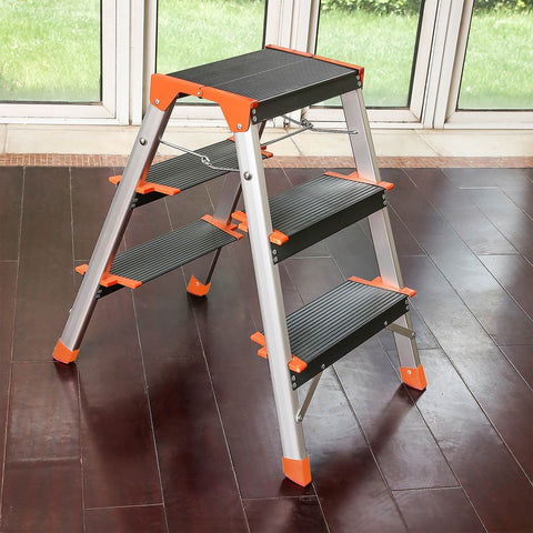 Rootz Ladder - Folding Ladder - Aluminum Ladder - Folding Ladder With 3 Steps - Portable Ladder - Lightweight Ladder - Aluminum/Plastic - Silver/Black/Orange - 43 x 60 x 60 cm