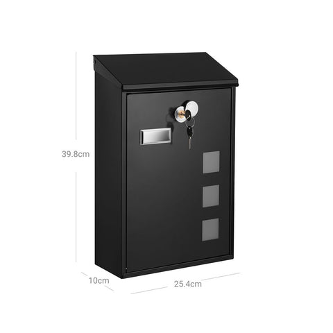 Rootz Mailbox - Residential Mailbox - Post-mounted Mailbox - Wall-mounted Mailbox - Decorative Mailbox - Metal Mailbox - Mailbox With Post - Black -25.5 x 11.5 x 39.5 cm (L x W x H)