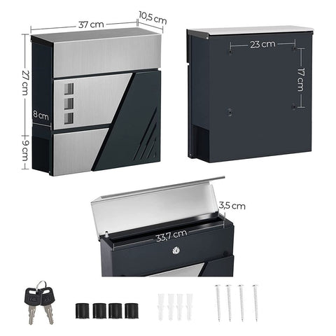 Rootz Mailbox - Wall Letterbox - Wall-mounted Mailbox - Post-Mounted Mailbox - Mailbox For Letters - With Viewing Window - Silver Anthracite - 37 x 10.5 x 37 cm