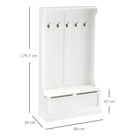 Rootz Kapstok - Bank - 5 Kapstokhaken - Kledingkast - Anti-tipanker - 1 Opbergruimte - Wandkapstok - MDF+Stalen Haken - Wit + Zwart - 96L x 34W x 179,7H cm