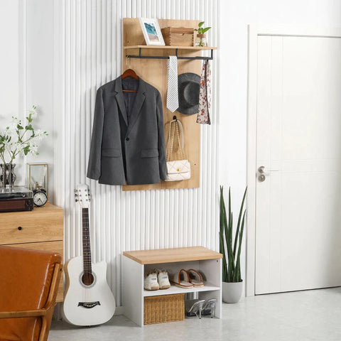 Rootz Wardrobe With Shoe Bench - 1 Hat Rack - 4 Coat Hooks - Chipboard - Steel - Natural + White - 60L x 28W x 120H cm