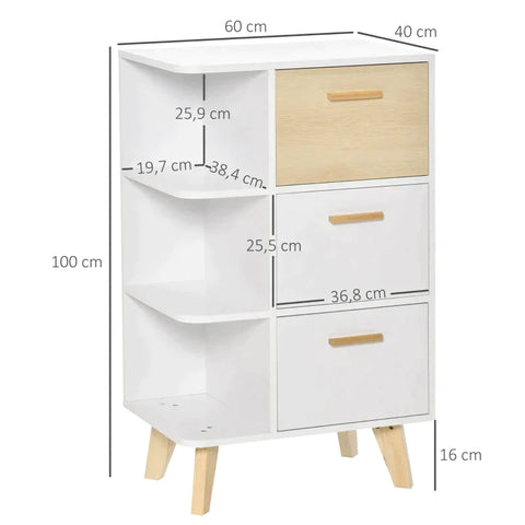 Rootz Storage Cabinet - Sideboard Chest Of Drawers Cabinet With 3 Open Shelves Drawers - Multi-purpose Cabinet For Living Room Bedroom - White + Natural - 60 x 40 x 100 cm