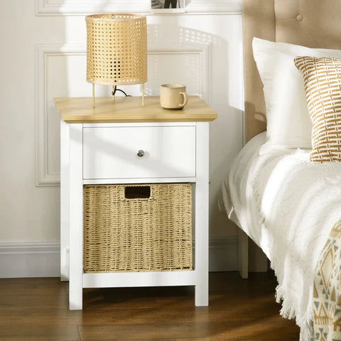 Rootz Bedside Table - Drawer and Storage Basket - Side Table - Nightstands - MDF - White + Natural - 49cm x 39cm x 6Hcm