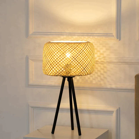 Rootz Table Lamp - Bedside Lamp - Desk Lamp - Boho Style Table Lamp - Bamboo/Metal - Natural/Black - 28cm x 28cm x 53cm