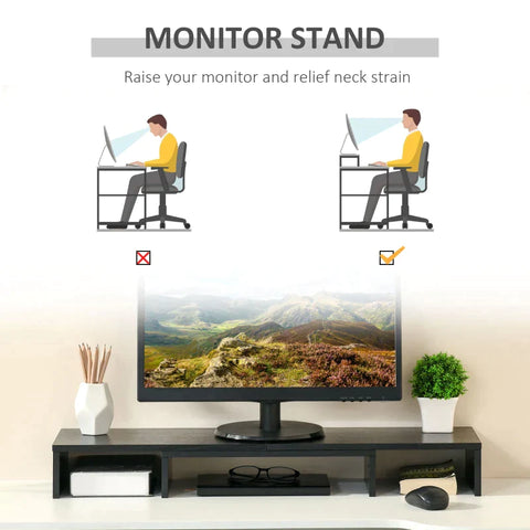 Rootz Monitor Stand - 3 Shelves - Length Angle Adjustable - Double Screen Stand - Wooden Shelf - Monitor Holder for Computer - Black - 80-117 x 23.5 x 10 cm