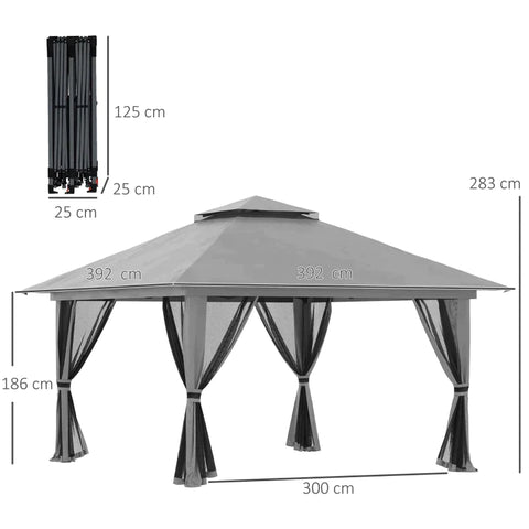 Rootz Folding Gazebo - Height Adjustable - 4 Mesh Walls - Ventilation Roof - Carry Bag - Quick Assembly - Dark Grey - 4 x 4 x 3 m