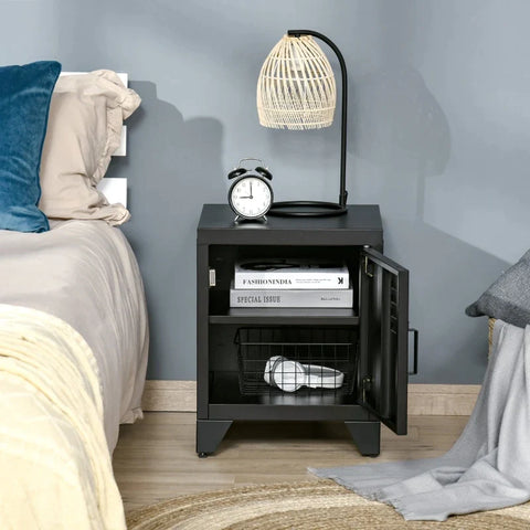 Rootz Bedside Table - Night Cabinet - Bedroom Side Table with Adjustable Shelf Door - Nightstand - Industrial Design - Metal - Black - 50 x 40 x 47.5 cm