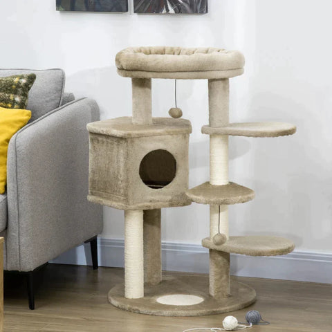 Rootz Cat Tree - Scratching Post With 1 Cat Cave - Cat House - Bed And Toy Ball -  Brown + Cream White - 55 cm x 55 cm x 94 cm