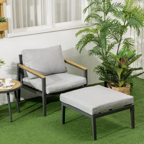 Rootz Sessel – Gartenstuhl mit Ottomane – abnehmbare Bezüge – wetterbeständig – Hellgrau + Schwarz – 73,5 cm x 74,5 cm x 73,5 cm