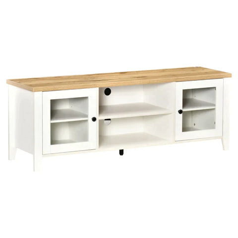 Rootz TV Lowboard - TV Stand - TV Cabinet for TVs with 2 Glass Doors Shelf - Adjustable - White + Oak - 140 X 39.5 X 50 Cm