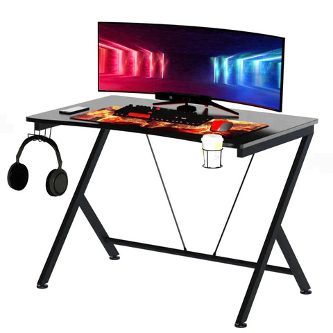 Rootz Gaming-Schreibtisch – Computertisch – Metallrahmen mit Getränkehalter – Kopfhörerhaken – Kabelloch – Schwarz – 108 cm x 66 cm x 77 cm