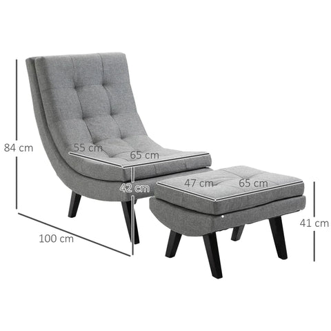 Rootz Armchair - Relaxation Lounger - Chaise Longue - Rubber Wood Legs - Armchair With Footstool - Gray - 65 x 100 x 84 cm