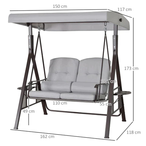 Rootz 2-seater Swing Chair With Canopy - Hollywood Swing - Garden Swing Chair - Metal + Polyester - Grey + Brown - 1.62 x 1.18 x 1.73 m