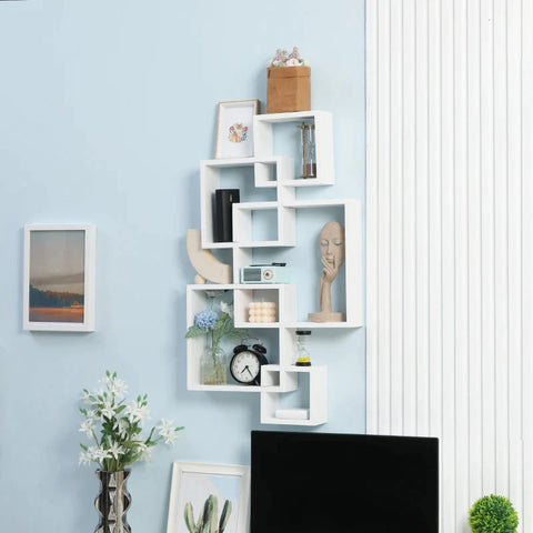 Rootz Wall Shelf - Floating Shelf - 5 Interlocking Cube - 9 Compartments - Fir Wood - White - 49.5 x 10.2 x 86cm