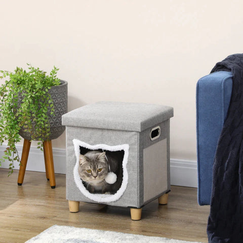 Rootz Cat Cave - Cat House - Including Play Ball - Washable Cushion - Scratching Pad - Handles - Anti-slip Foot Pad - Grey - 35.5 cm x 35.5 cm x 42.5 cm