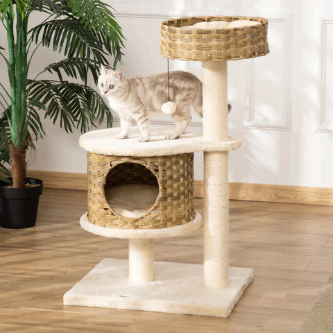Rootz Scratching Post - Cat Tree - Climbing Tree With Cat Cave - Sisal Posts - Play Balls - Cat Furniture - Nature/Beige - 55 x 47 x 95 cm