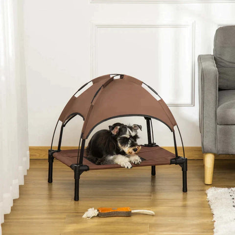 Rootz Pet Bed With Canopy - Raised Dog Bed - Outdoor Dog Lounger With Roof - Breathable - Taffeta Coffee - 61 x 46 x 62 cm