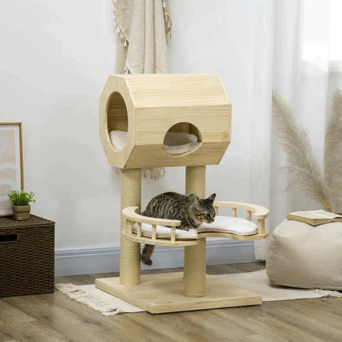 Rootz Scratching Post - Cat House - Three Scratching Posts - Cat Tree - With Lounger - Washable Lounger Cushions - Pine Wood - Natural Wood - 59.5 x 59.5 x 92cm