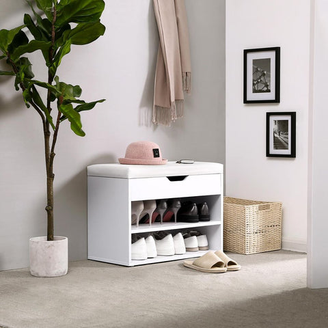 Rootz Shoe Bench - Padded Shoe Bench - 2 Compartments - Entryway Shoe Bench - Shoe Storage Bench - Shoe Rack With Cushion - Hallway - Entryway - Imitation Linen - Foam - Chipboard - Matt White - 60 x 30 x 44 cm (W x D x H)