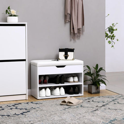 Rootz Shoe Bench - Padded Shoe Bench - 2 Compartments - Entryway Shoe Bench - Shoe Storage Bench - Shoe Rack With Cushion - Hallway - Entryway - Imitation Linen - Foam - Chipboard - Matt White - 60 x 30 x 44 cm (W x D x H)