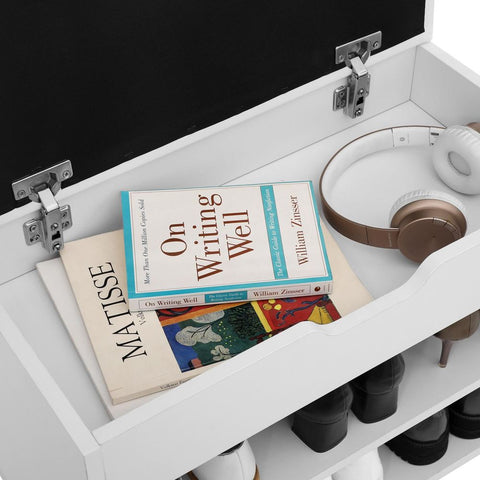 Rootz Shoe Bench - Padded Shoe Bench - 2 Compartments - Entryway Shoe Bench - Shoe Storage Bench - Shoe Rack With Cushion - Hallway - Entryway - Imitation Linen - Foam - Chipboard - Matt White - 60 x 30 x 44 cm (W x D x H)