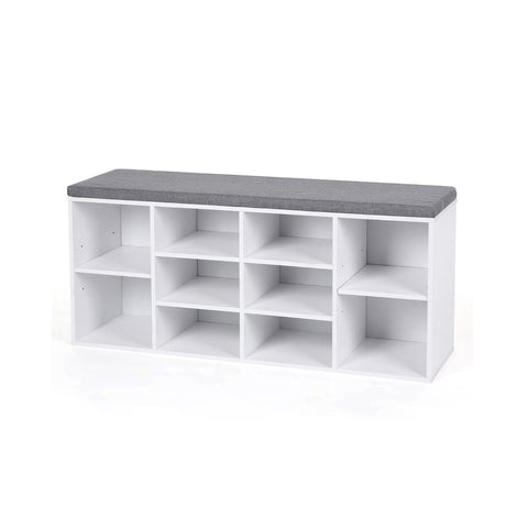 Rootz Shoe Bench - Padded Shoe Bench - 10 Compartments - Entryway Shoe Bench - Shoe Storage Bench - Shoe Rack With Cushion - Hallway - Entryway - Imitation Linen - Foam - Chipboard - White - 104 x 30 x 48 cm (L x W x H)