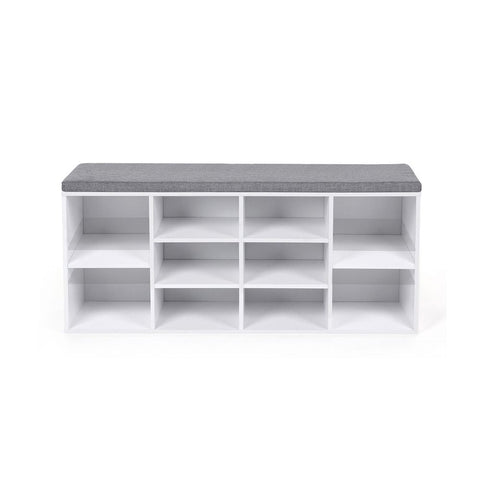 Rootz Shoe Bench - Padded Shoe Bench - 10 Compartments - Entryway Shoe Bench - Shoe Storage Bench - Shoe Rack With Cushion - Hallway - Entryway - Imitation Linen - Foam - Chipboard - White - 104 x 30 x 48 cm (L x W x H)