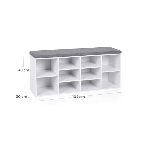 Rootz Shoe Bench - Padded Shoe Bench - 10 Compartments - Entryway Shoe Bench - Shoe Storage Bench - Shoe Rack With Cushion - Hallway - Entryway - Imitation Linen - Foam - Chipboard - White - 104 x 30 x 48 cm (L x W x H)
