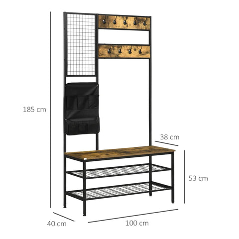 Rootz Wardrobe - Industrial Design - 1 Memo Board - Wood Material - 1 Shoe Bench - 8 Coat Hooks - 1 Storage Bag - Black + Brown - 100L x 40W x 185H cm