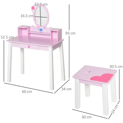 Rootz Children's Dressing Table - Dressing Table With Stool - Dressing Table With Drawer - Compartments - Mirror For Girls - Pine Wood - Pink - 60 x 34 x 93 cm