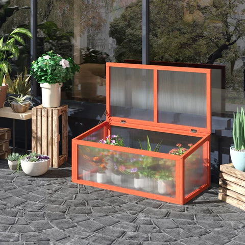 Rootz Greenhouse - Cold Frame Greenhouse - Cold Frame Box - Plant Bed With Cover - Wood And Polycarbonate - Weatherproof - Orange - 90 x 46 x 40 cm