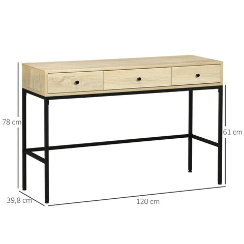 Rootz Console Table - Industrial Design - 3 Drawers - Sofa Table - Waterproof - Hallway Table - Steel Legs - Natural + Black - 120L x 39.8W x 78H cm