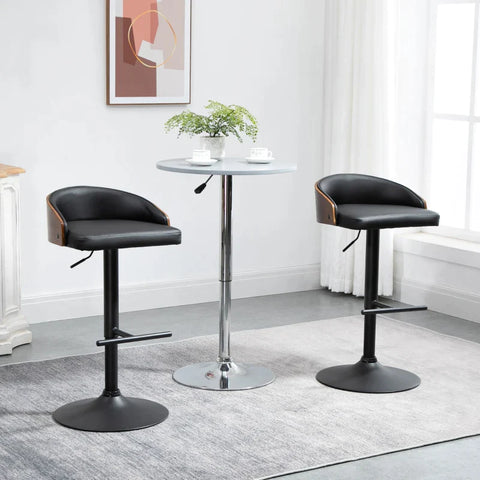 Rootz Set Van 2 Barkrukken - Draaibare Barstoelen Met Voetsteun - Barstoel - In Hoogte Verstelbaar - Keukenstoelen - Draaistoelen - Kunstleer - Hout - Zwart + Koffie - 48 x 49,5 x 76-96 cm