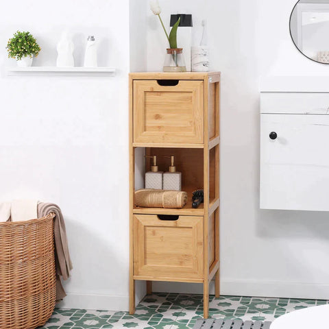 Rootz Bathroom Cabinet - Bamboo Bathroom Cabinet - Bathroom Shelf - Bathroom Storage Cabinet - 1 Shelf 2 Drawers - Bamboo - Nature - 30cm x 30cm x 90cm