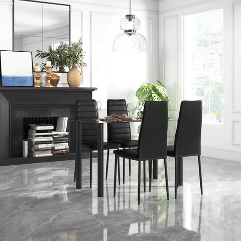 Rootz 5 Pcs. Dining Group - Table + 4 Chairs - Tempered Glass Top - Steel Frame - Imitation Leather Cover - Black