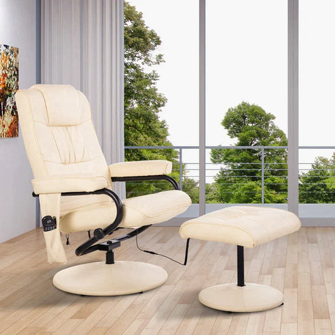 Rootz Relaxstoel - Massagestoel - Relaxligstoel Met Ligfunctie - TV-Stoel Met Massagefunctie - Inclusief Kruk - Imitatieleer - Creme Wit - 77 x 84 x 95 cm