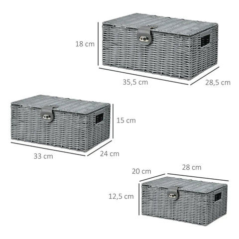 Rootz Storage Baskets - Set Of 3 Storage Baskets - Made Of PE Rattan - With Closure - Carrying Handles - Grey - 35.5 cm x 28.5 cm x 18 cm