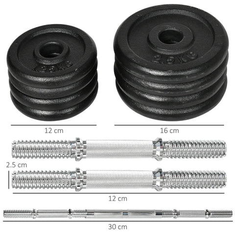 Rootz Dumbbell - 2-in-1 Dumbbell - Dumbbell Handle - Barbell - 8 Weight Plates - Rustproof - 20 Kg - Iron - Black - 95 x 16 x 16Hcm