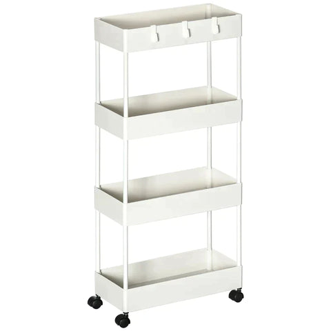 Rootz Kitchen Trolley - Serving Trolley - Kitchen Cart - With 4 Shelves - 3 Flexible Hooks - 4 Casters - White - 40cm x 19cm x 90cm