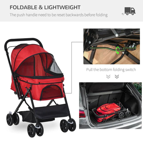 Rootz Dog Buggy - Dog Cart - Buggy for Small Dogs and Cats - Pet Cart - Pet Stroller - Cat Buggy - Oxford - Red - 76.5 x 52 x 95 cm