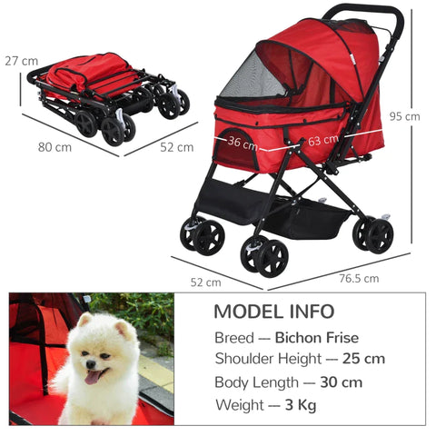 Rootz Dog Buggy - Dog Cart - Buggy for Small Dogs and Cats - Pet Cart - Pet Stroller - Cat Buggy - Oxford - Red - 76.5 x 52 x 95 cm