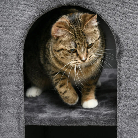 Rootz Scratching Barrel With 2 Cat Caves - Cat Tower - 1 Lying Surface - Sisal Scratching Mat - Plush - Chipboard - Gray + Natural - 45L x 45W x 81H cm
