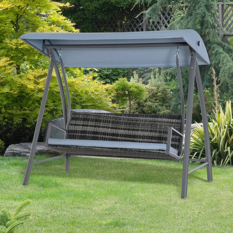 Rootz Hängematten-Gartenschaukel – 3-Sitzer mit Dach – Poly Rattan + Metall – Grau – 198 x 124 x 179 cm