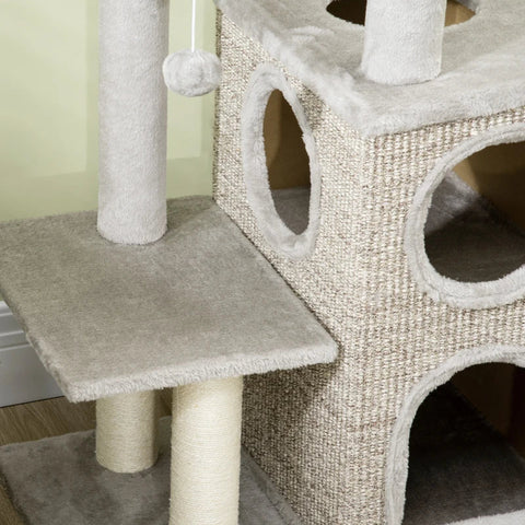 Rootz Scratching Post - Cat Tree - Cat Cave - Cat Bed - With Ball Toy - Light Gray/Natural - 60cm x 40cm x 91cm